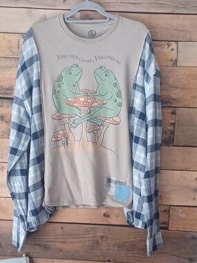 Upcycled Frog & Mushroom Graphic Long Sleeve Top - Green & Tan